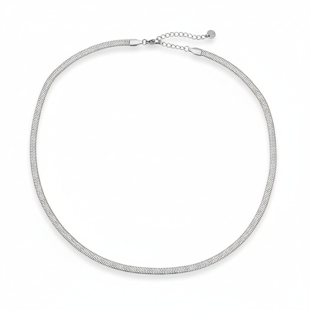 White gold-plated stainless steel flat herringbone chain necklace – ogrlica