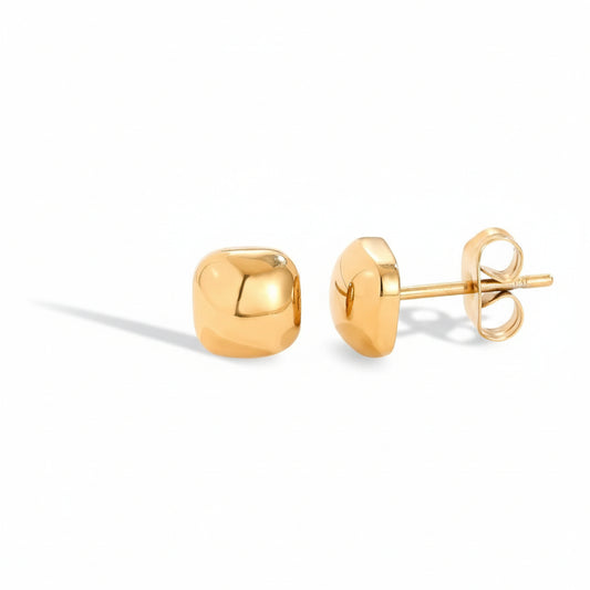 Gold-plated stainless steel geometric cube stud earrings with softened edges – naušnice