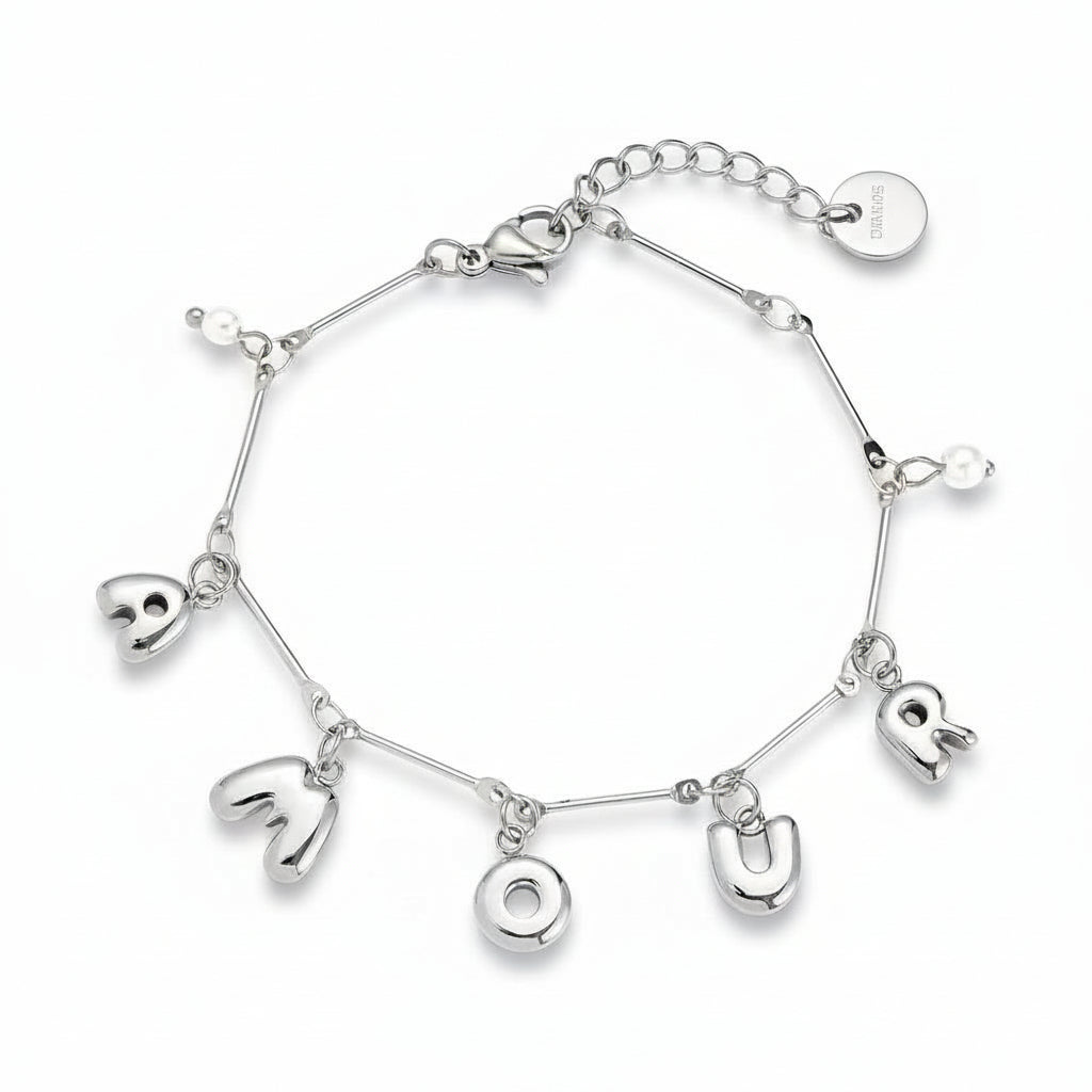 Silver AMOUR letter charm bracelet with freshwater pearl accents on delicate chain