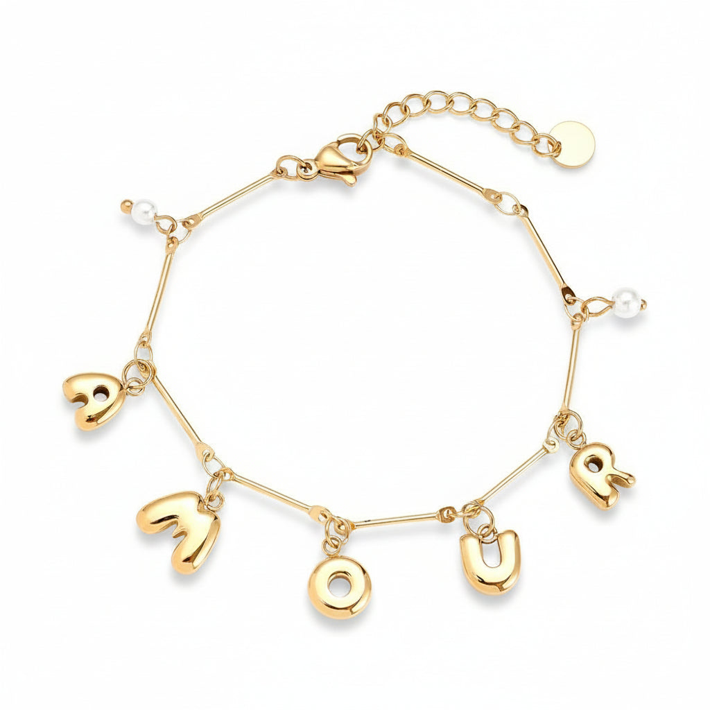 Gold AMOUR letter charm bracelet with freshwater pearl accents on delicate chain