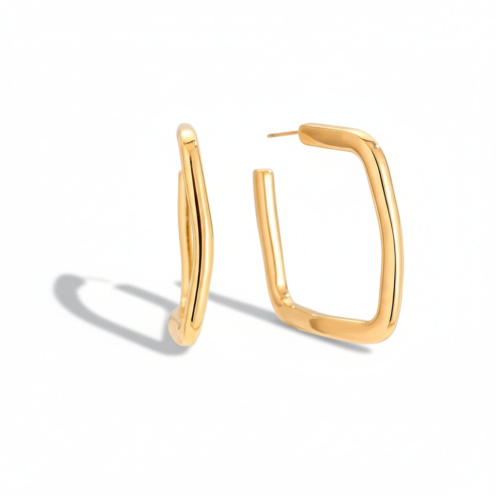 Gold-plated stainless steel chunky rectangular hoop earrings with architectural design – naušnice.