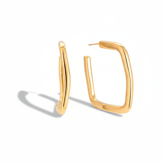 Gold-plated stainless steel chunky rectangular hoop earrings with architectural design – naušnice.