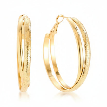 Gold-plated stainless steel double-band hoop earrings with smooth and stardust texture – naušnice