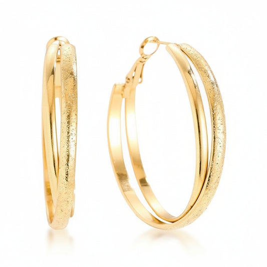 Gold-plated stainless steel double-band hoop earrings with smooth and stardust texture – naušnice