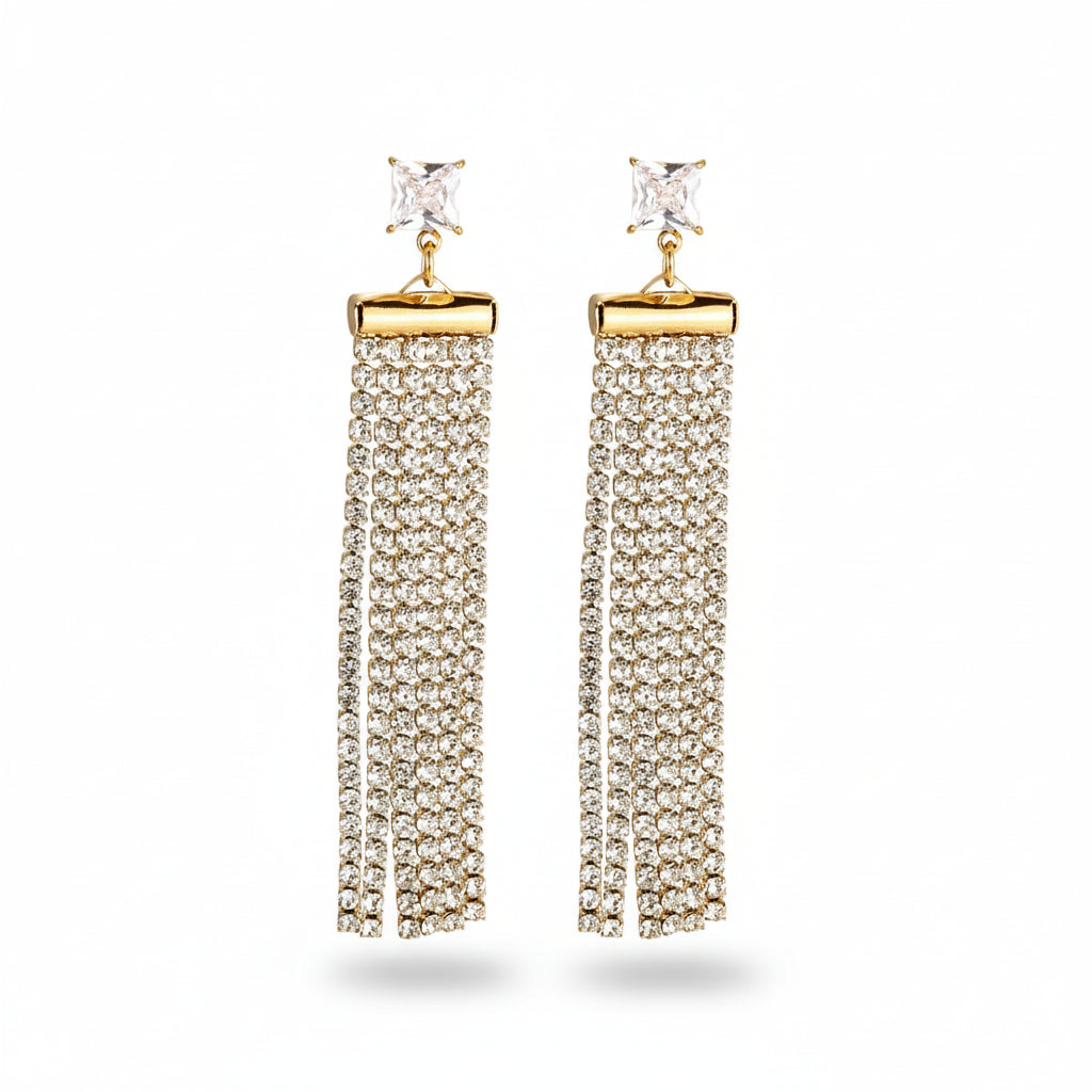 Gold-plated stainless steel drop earrings with princess-cut stone and dual cubic zirconia strands – naušnice