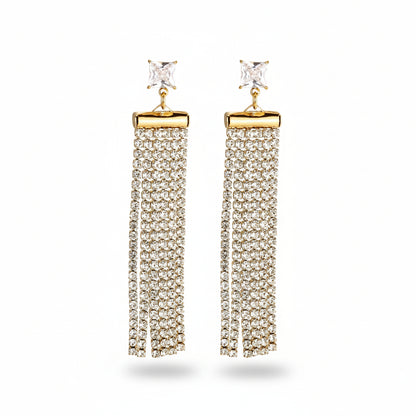 Gold-plated stainless steel drop earrings with princess-cut stone and dual cubic zirconia strands – naušnice