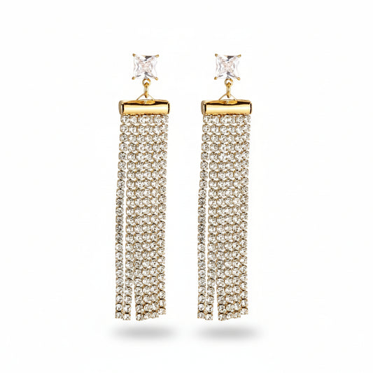 Gold-plated stainless steel drop earrings with princess-cut stone and dual cubic zirconia strands – naušnice