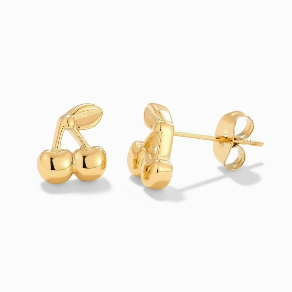 Gold-plated stainless steel cherry stud earrings with polished design – naušnice