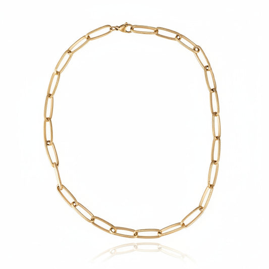 Gold-plated stainless steel statement chain necklace with textured oval links – ogrlica