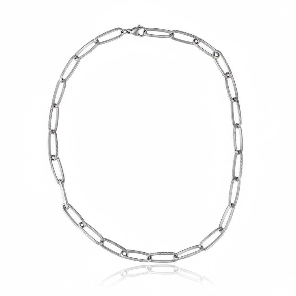 White gold-plated stainless steel statement chain necklace with textured oval links – ogrlica