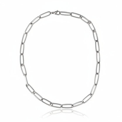 White gold-plated stainless steel statement chain necklace with textured oval links – ogrlica