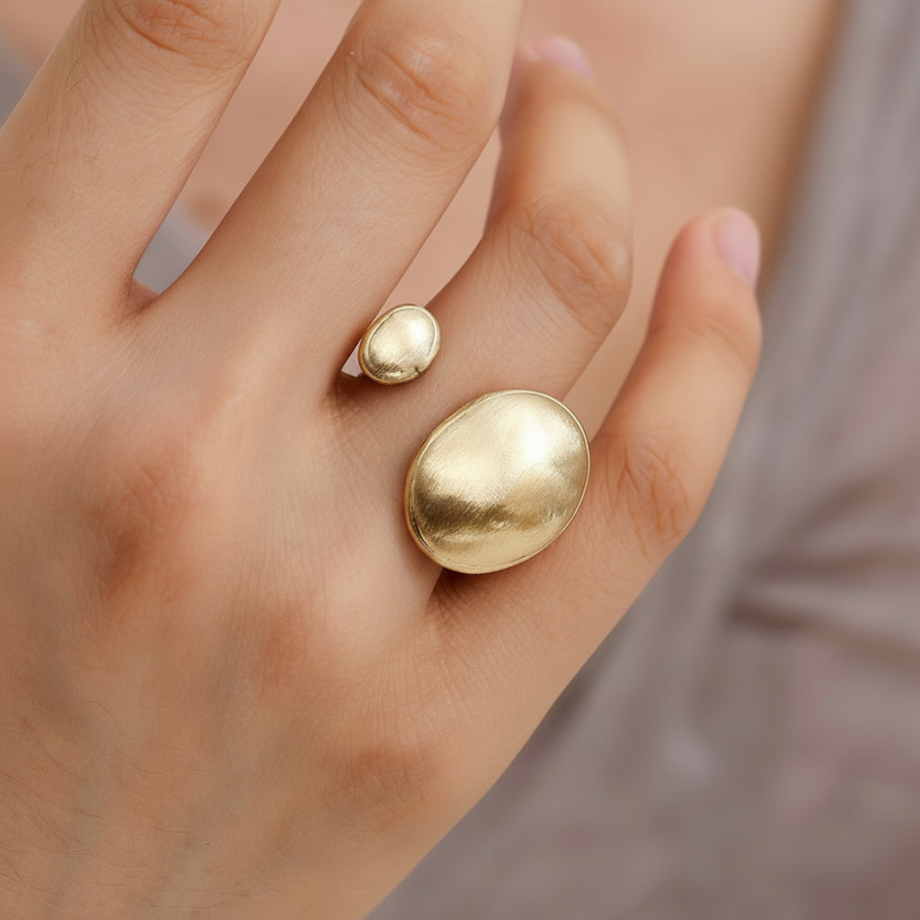 adjustable stainless steel gold ring with two rounded textured plates