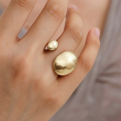 adjustable stainless steel gold ring with two rounded textured plates