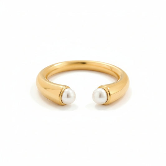 minimalist open ring with dual pearl-like spheres, stainless steel