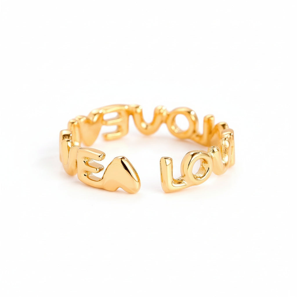 Adjustable stainless steel  gold ring with sculptural LOVE lettering