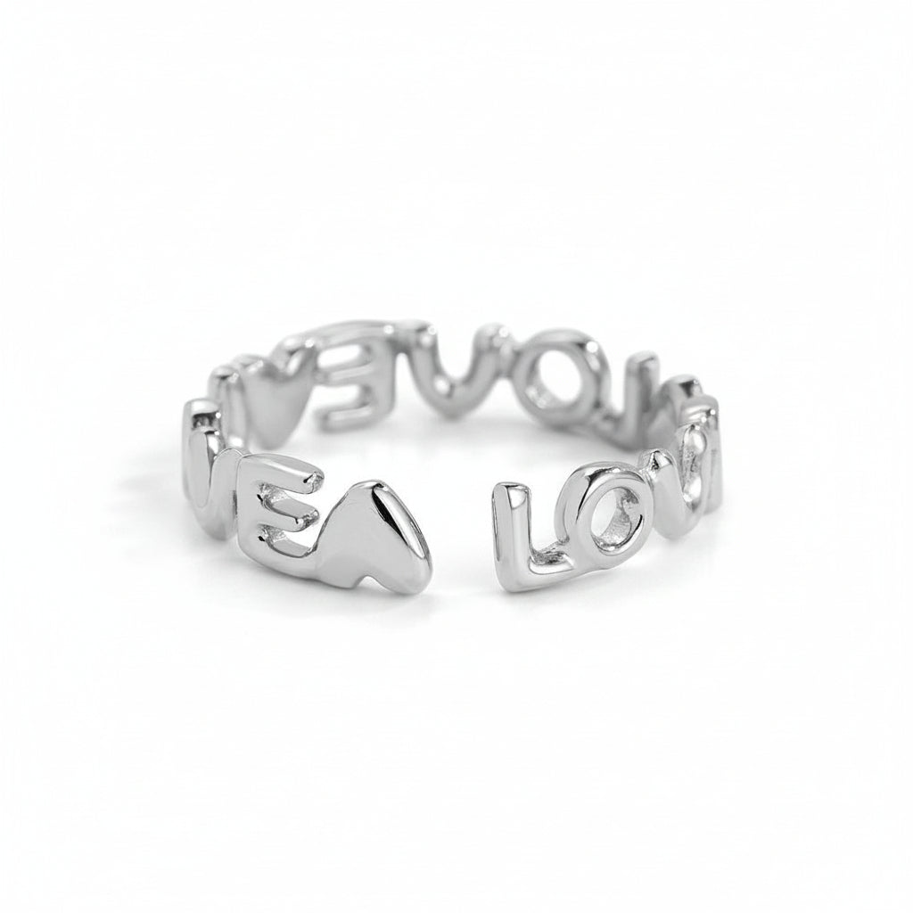 Adjustable stainless steel ring with sculptural LOVE lettering