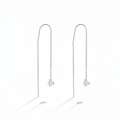 White gold-plated stainless steel threader earrings with chain and textured butterfly charm – naušnice.