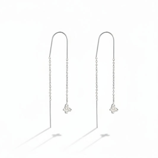 White gold-plated stainless steel threader earrings with chain and textured butterfly charm – naušnice.