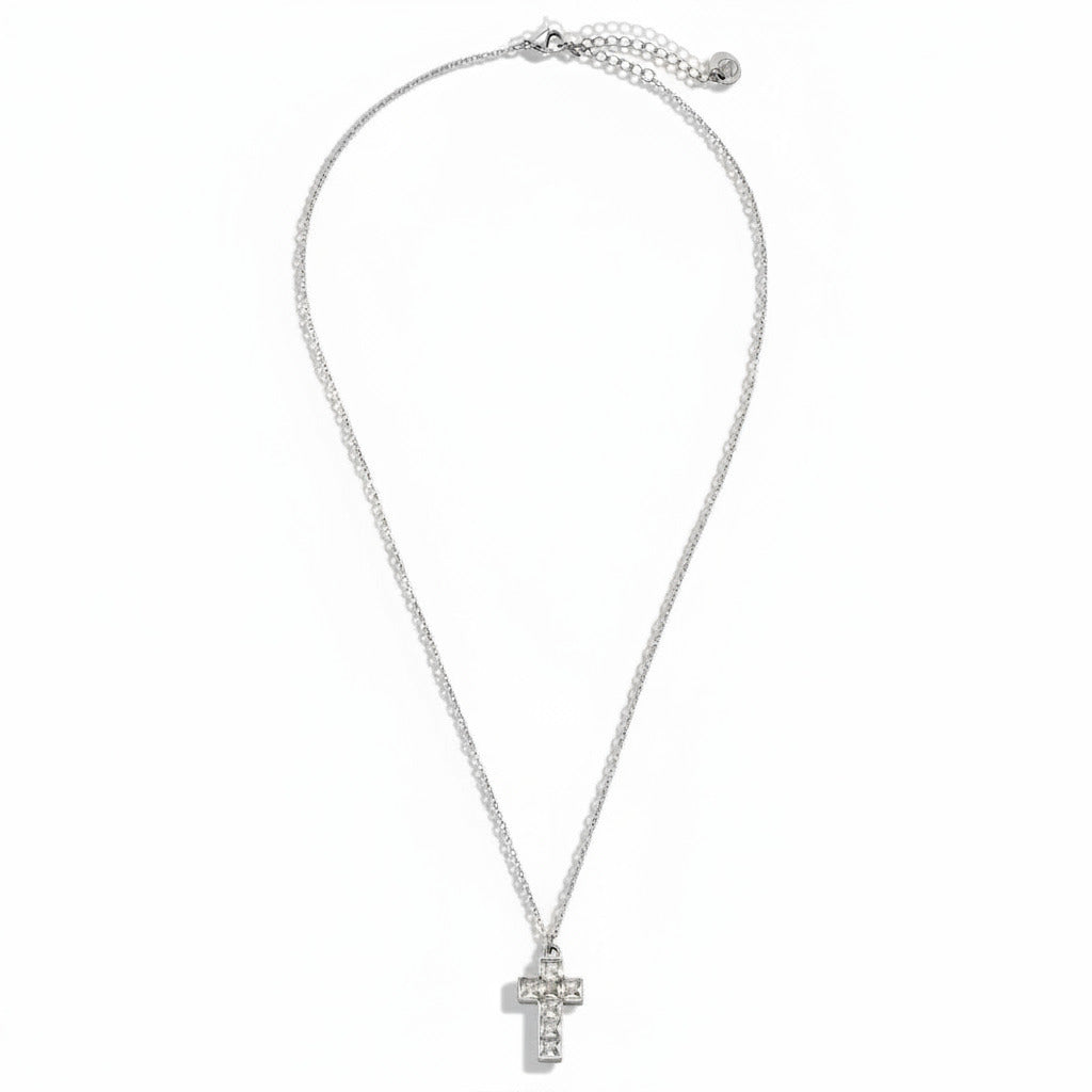White gold-plated stainless steel delicate pendant necklace with zirconia cross – ogrlica