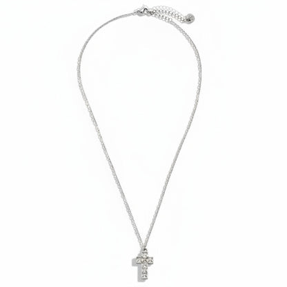 White gold-plated stainless steel delicate pendant necklace with zirconia cross – ogrlica