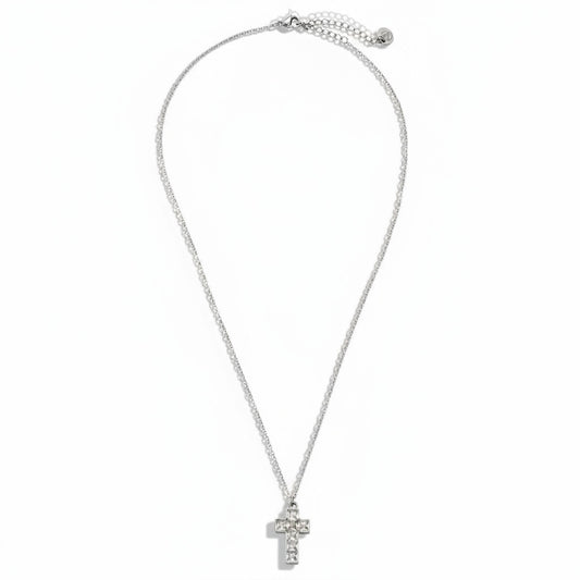 White gold-plated stainless steel delicate pendant necklace with zirconia cross – ogrlica