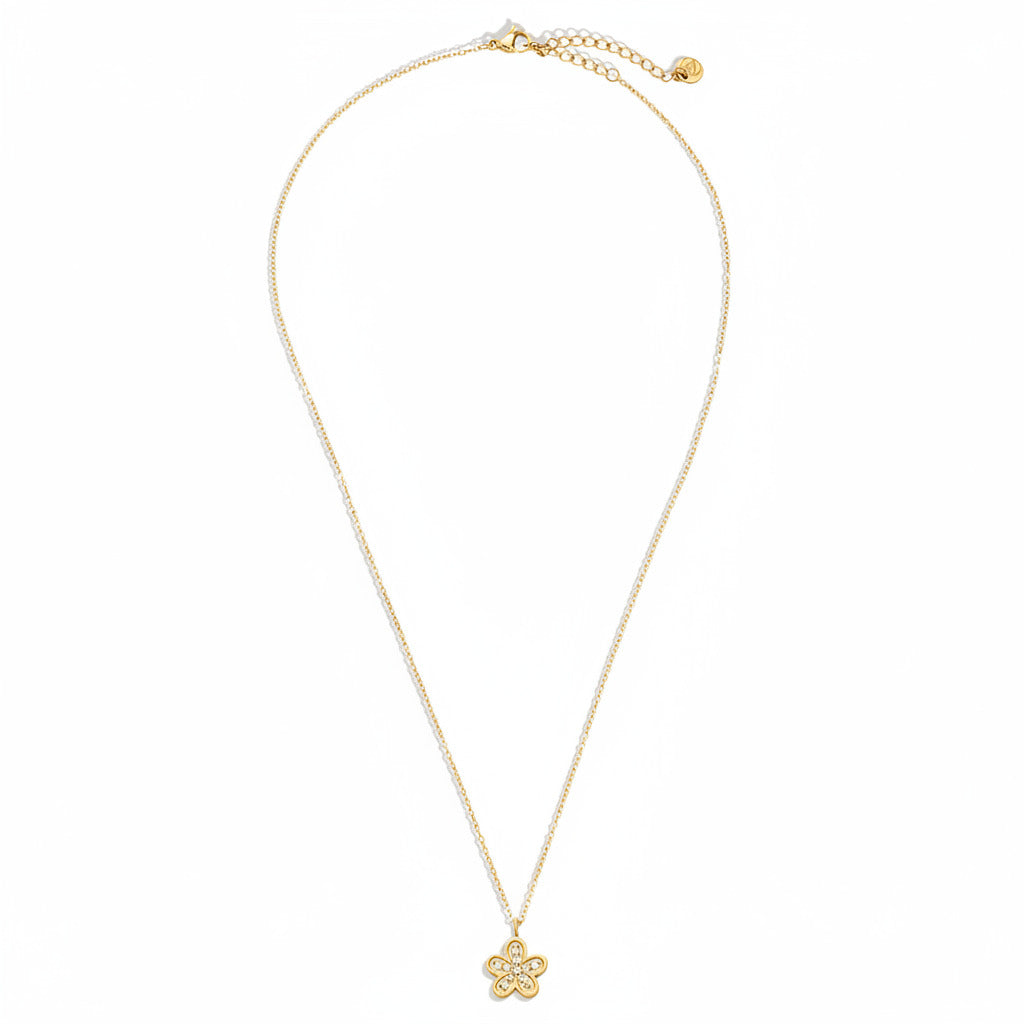 Gold-plated stainless steel delicate pendant necklace with five-petal zirconia flower – ogrlica