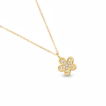 Gold-plated stainless steel delicate pendant necklace with five-petal zirconia flower – ogrlica