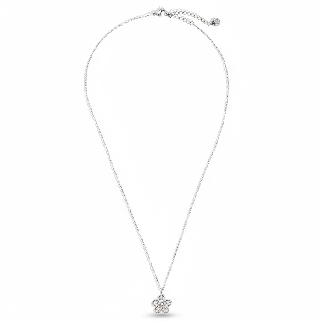 White gold-plated stainless steel delicate pendant necklace with five-petal zirconia flower – ogrlica