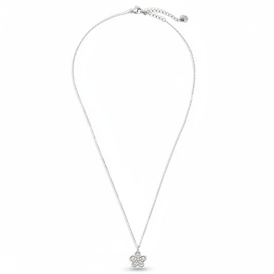 White gold-plated stainless steel delicate pendant necklace with five-petal zirconia flower – ogrlica