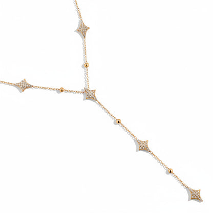 -plated stainless steel Y-shaped lariat necklace with zirconia diamond motifs and gold bead accents – ogrlica