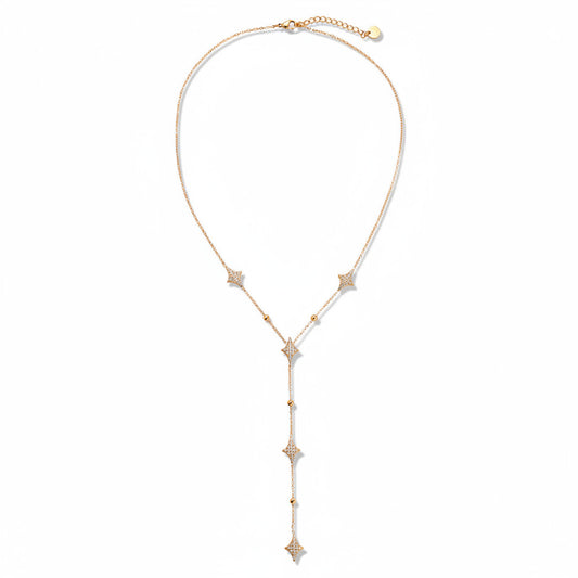 Gold-plated stainless steel Y-shaped lariat necklace with zirconia diamond motifs and gold bead accents – ogrlica
