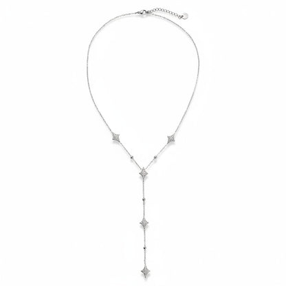 White gold-plated stainless steel Y-shaped lariat necklace with zirconia diamond motifs and gold bead accents – ogrlica