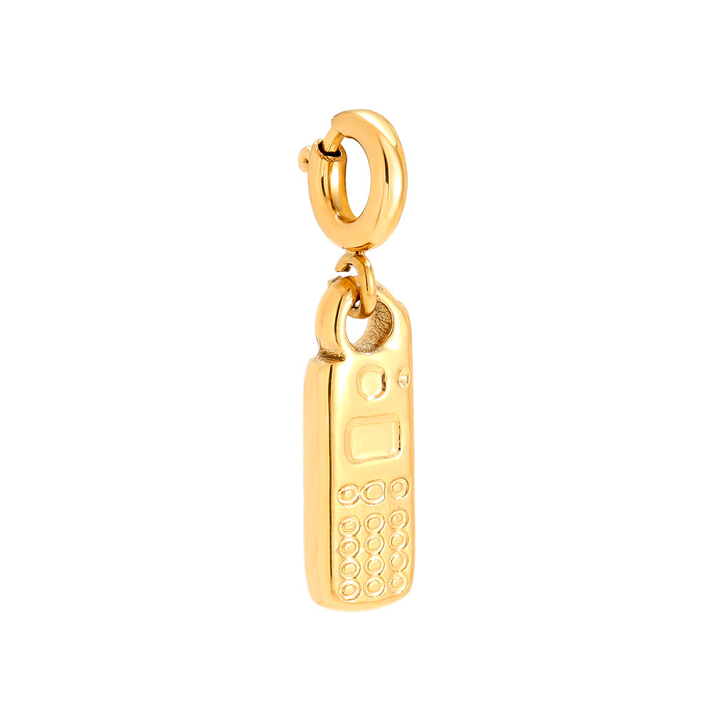 Gold-plated retro phone charm huggie hoop earring on white background - privjesak
