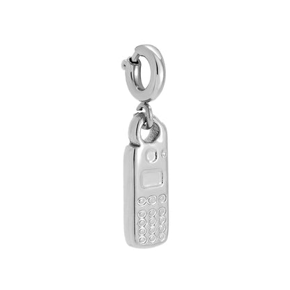 White gold-plated retro phone charm huggie hoop earring on white - privjesakbackground