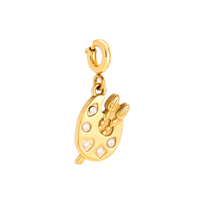 Gold-plated artist palette charm with paintbrush, crystal accents and spring clasp - privjesak
