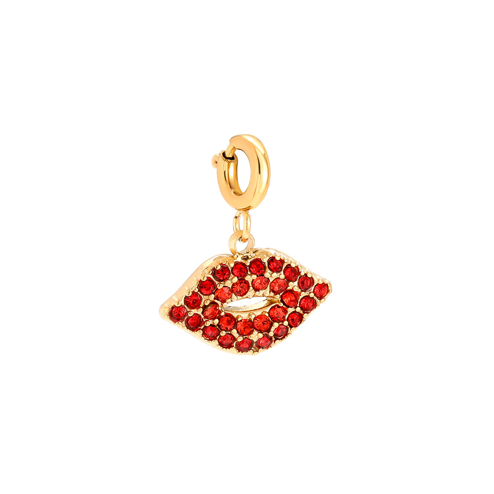 Gold-plated red lips charm with red crystals and spring clasp - privjesak