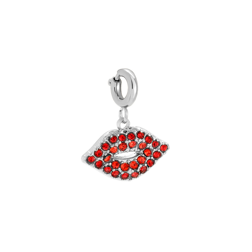 White gold-plated red lips charm with red crystals and spring clasp - privjesak