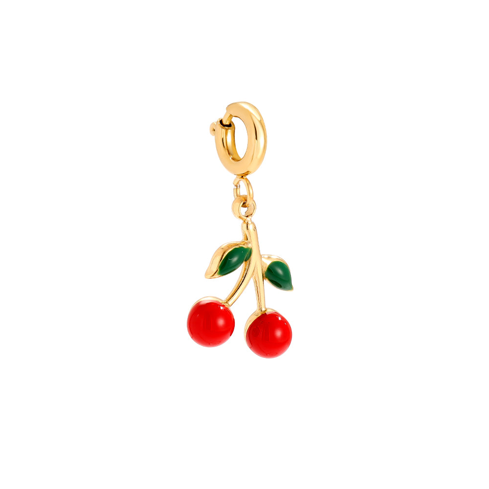 Gold-plated cherry charm with red enamel cherries and spring clasp - privjesak
