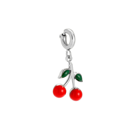 White gold-plated cherry charm with red enamel cherries and spring clasp on white background - privjesak 